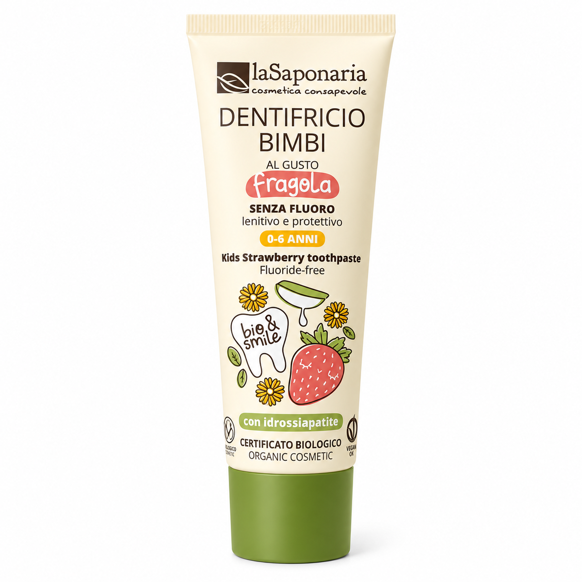 dentifricio bambini al gusto fragola senza fluoro con idrossiapatite 0-6 anni la saponaria