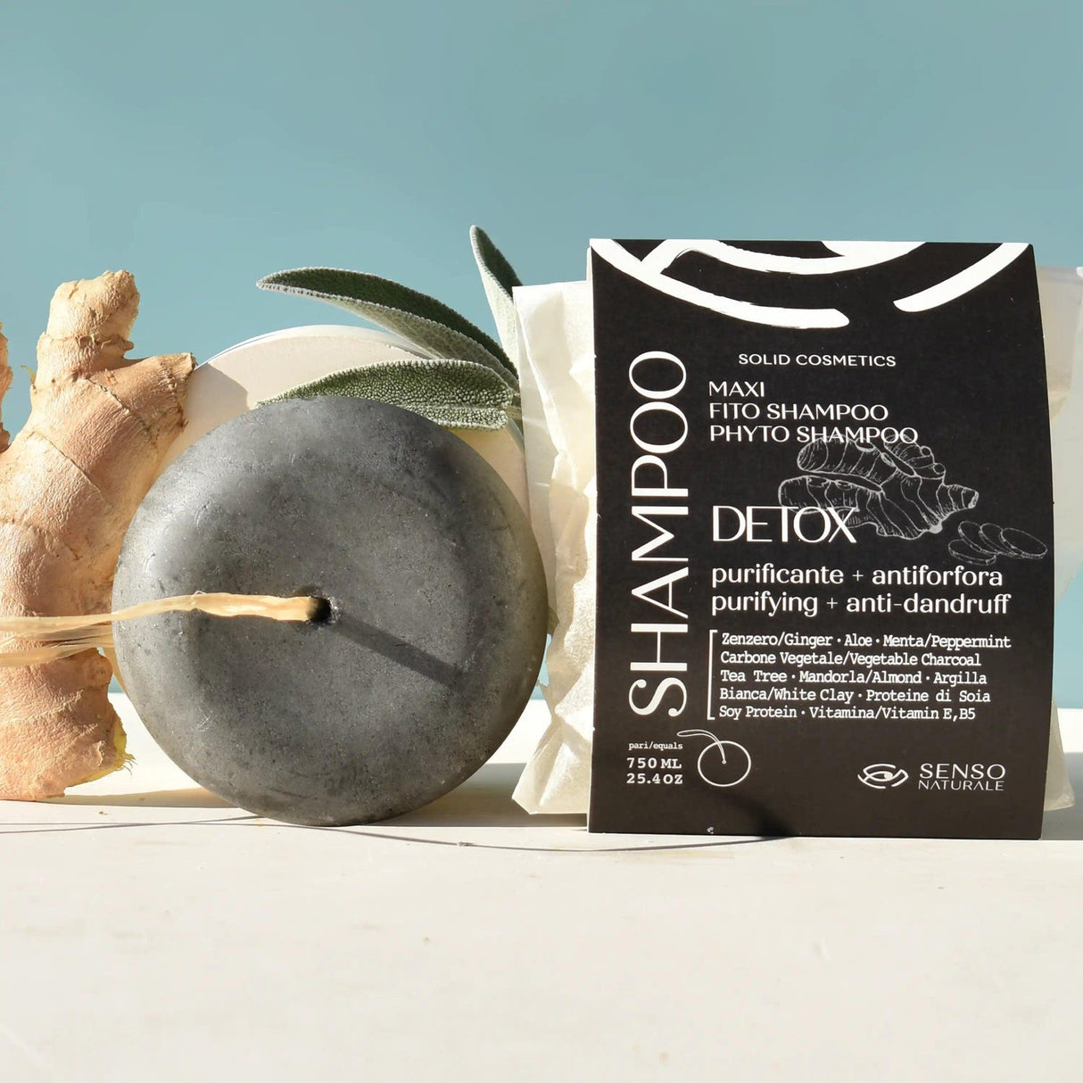 shampoo solido detox purificante antiforfora con carbone senso naturale