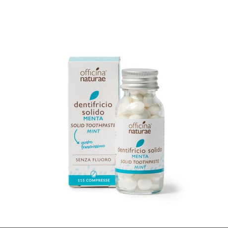 Dentifricio solido in pastiglie al gusto mento in bottiglia di vetro officina naturae