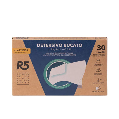 Detersivo bucato in fogli solubile profumato con enzimi plastic free R5 Living