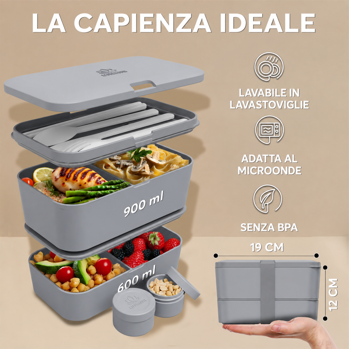 Lunch box bento ermetica con posate grigio UMAMI