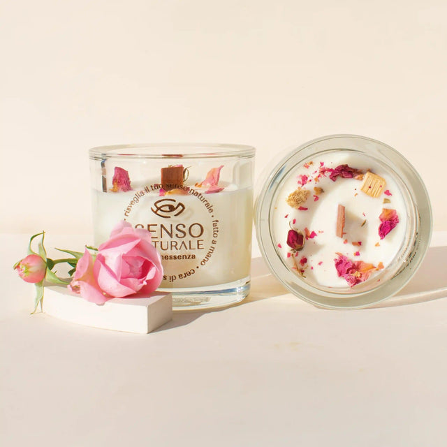 Candela in cera di soia Armonia Senso Naturale con rosa damscena