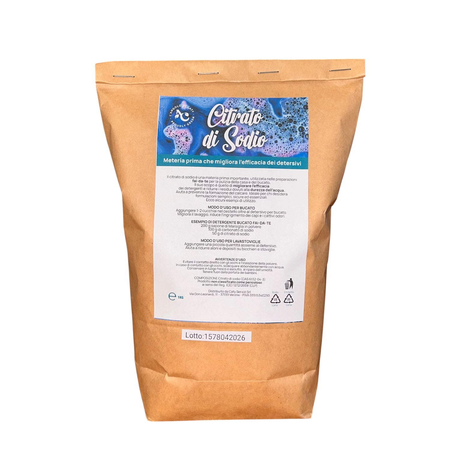 Citrato di Sodio in polvere de L'Angolo di Caty, additivo naturale sequestrante per bucato in acqua dura.