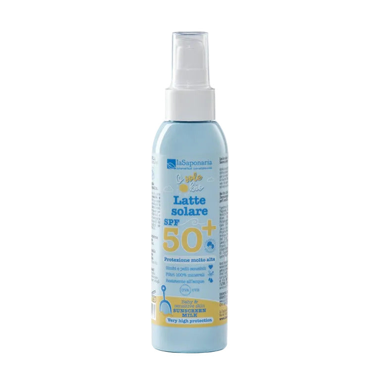 Latte solare spf 50+ per bambini e pelle sensibile con filtro minerale waterproof
