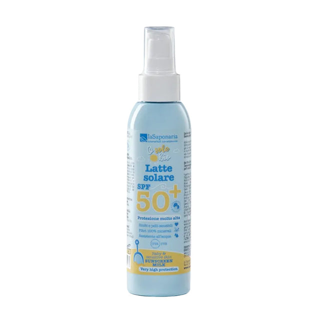Latte solare spf 50+ per bambini e pelle sensibile con filtro minerale waterproof