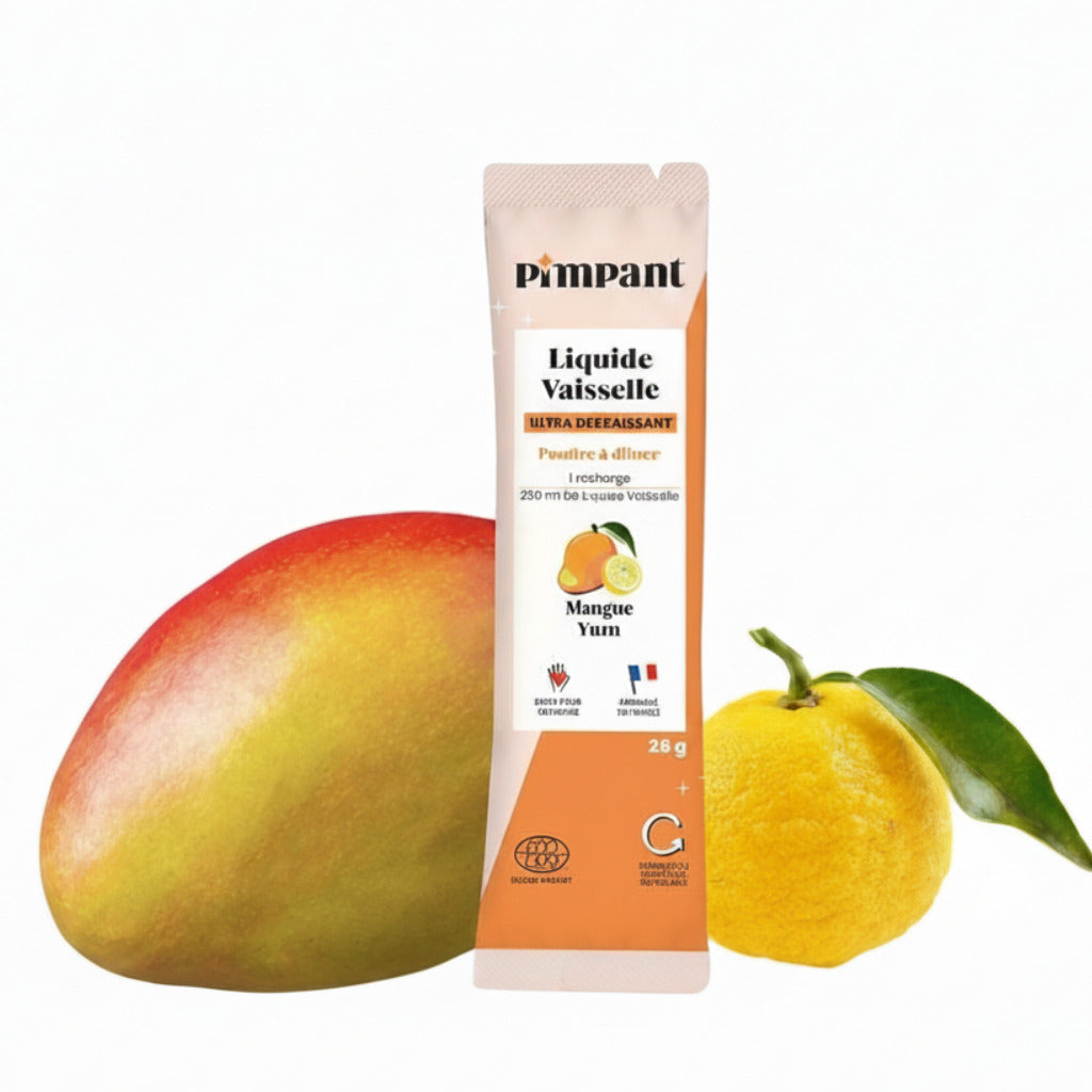 Detersivo per piatti in polvere solubile che diventa liquido profumo mango e yuzu pimpant