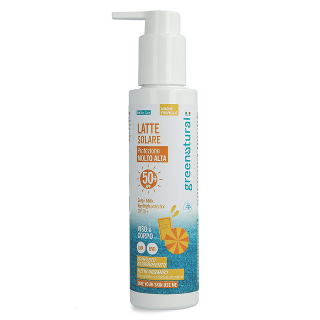 Crema e latte solare per viso e corpo ad alta protezione spf 50+ con acido ialuronico Greenatural