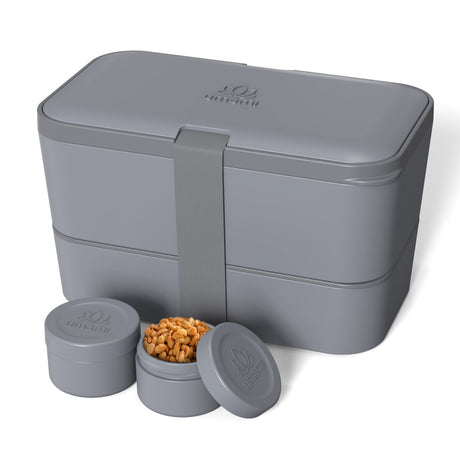 porta pranzo bento box ermetica colore girgio con due ripiani posate, porta salse,