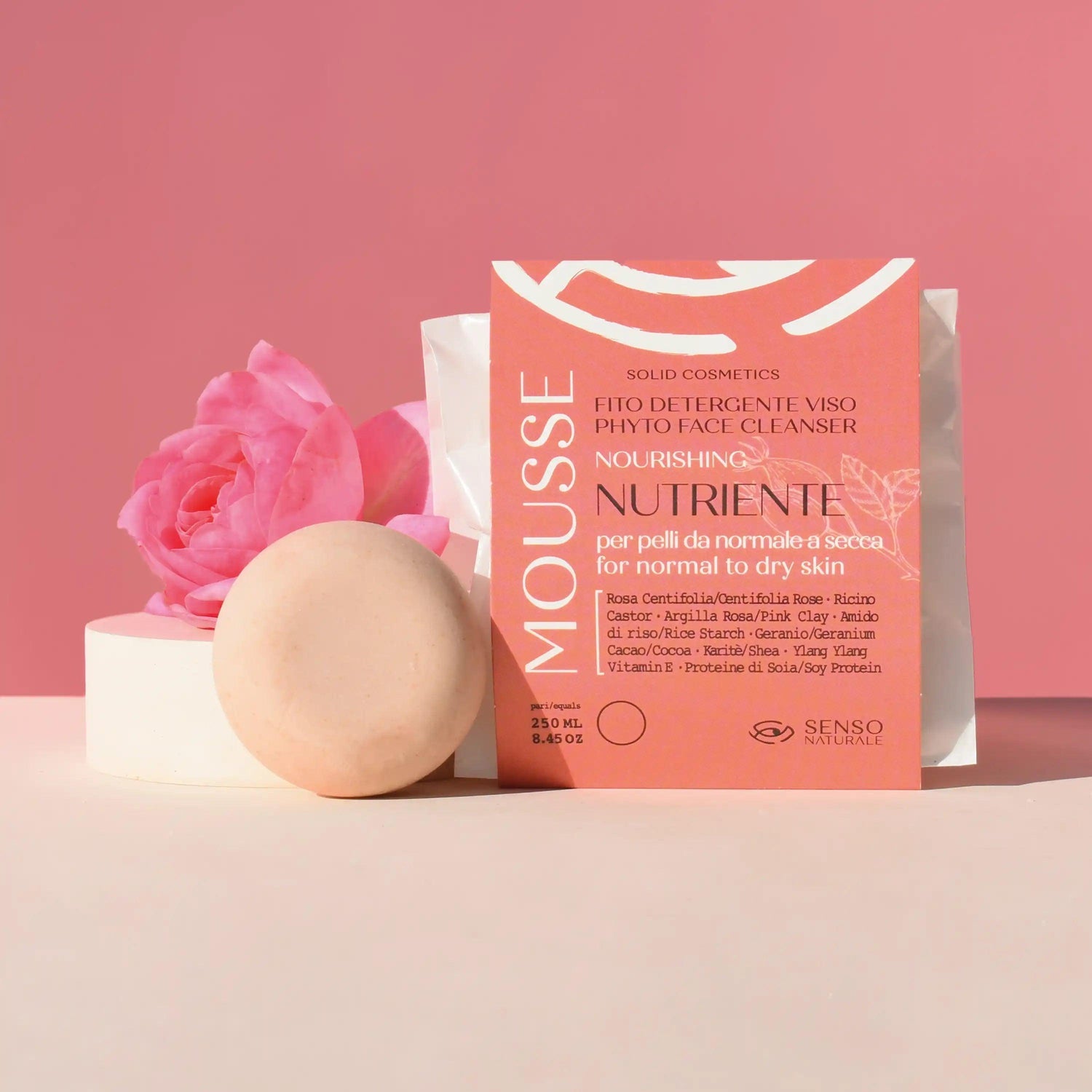mousse detergente viso solida nutriente pelle secca senso naturale