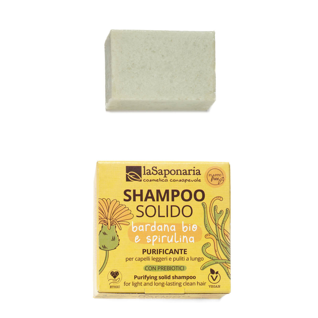 Shampoo solido purificante con bardana e spirulina. Effetto purificante. La Saponaria