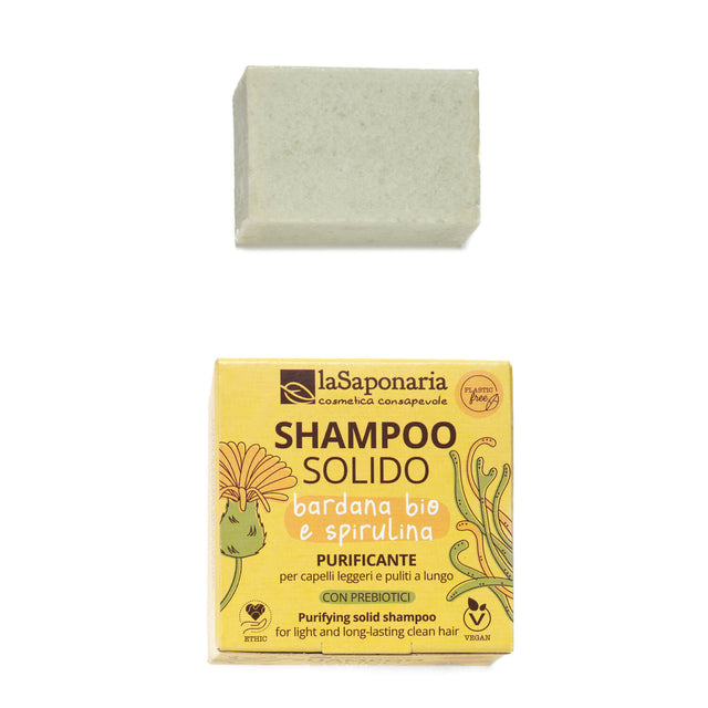 Shampoo solido purificante con bardana e spirulina. Effetto purificante. La Saponaria