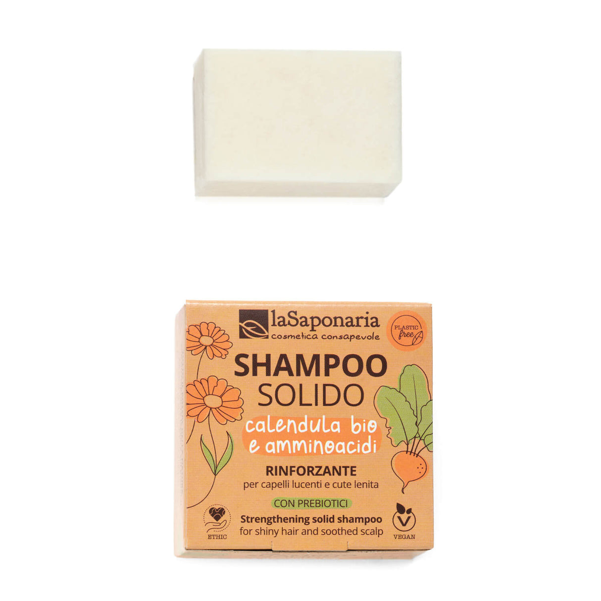 Shampoo solido con calendula e amminoacidi. Effetto rinforzante con rebiotici. La Saponaria